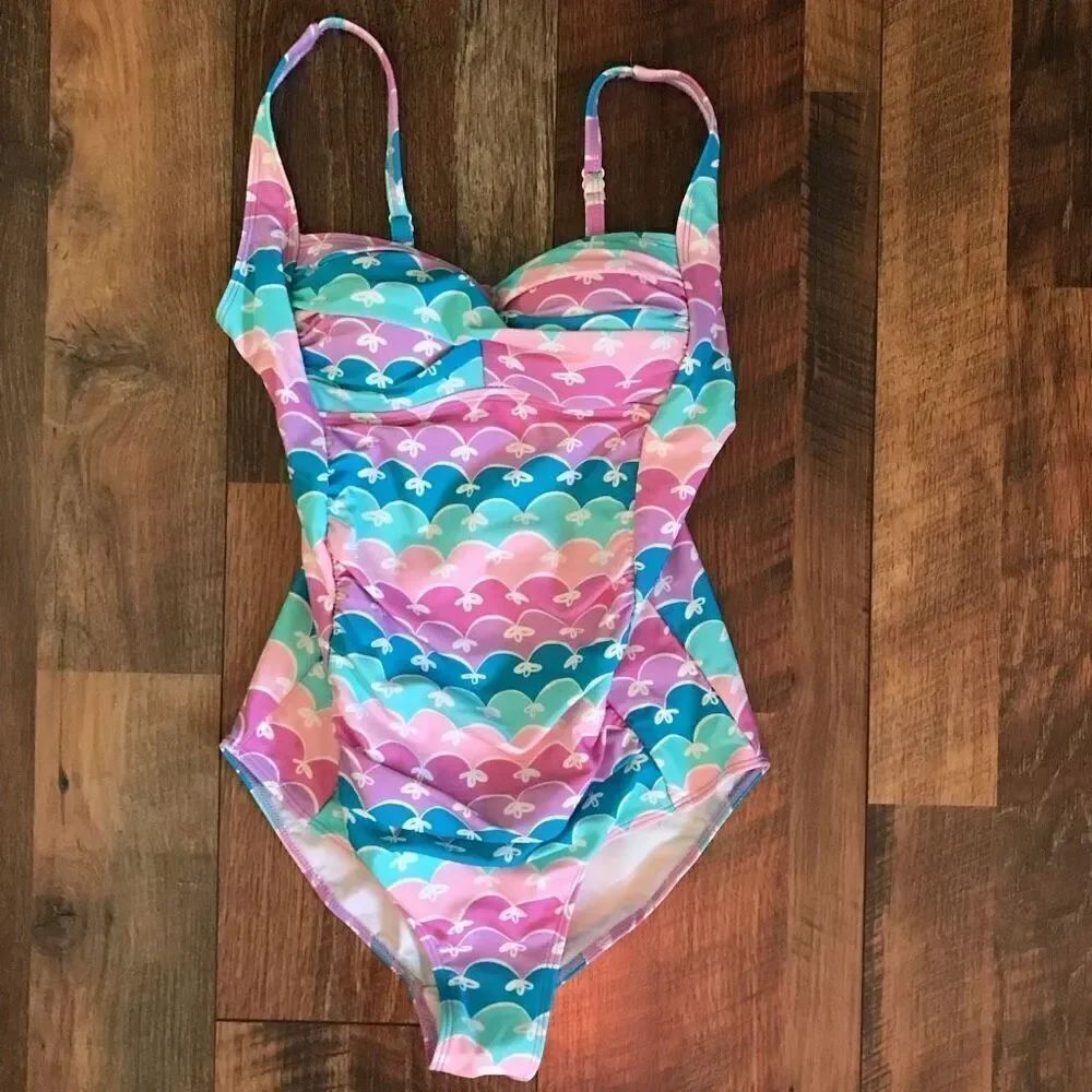 Romenza Targo one piece swimsuit bathing suit pink green print SZ S New w/tags